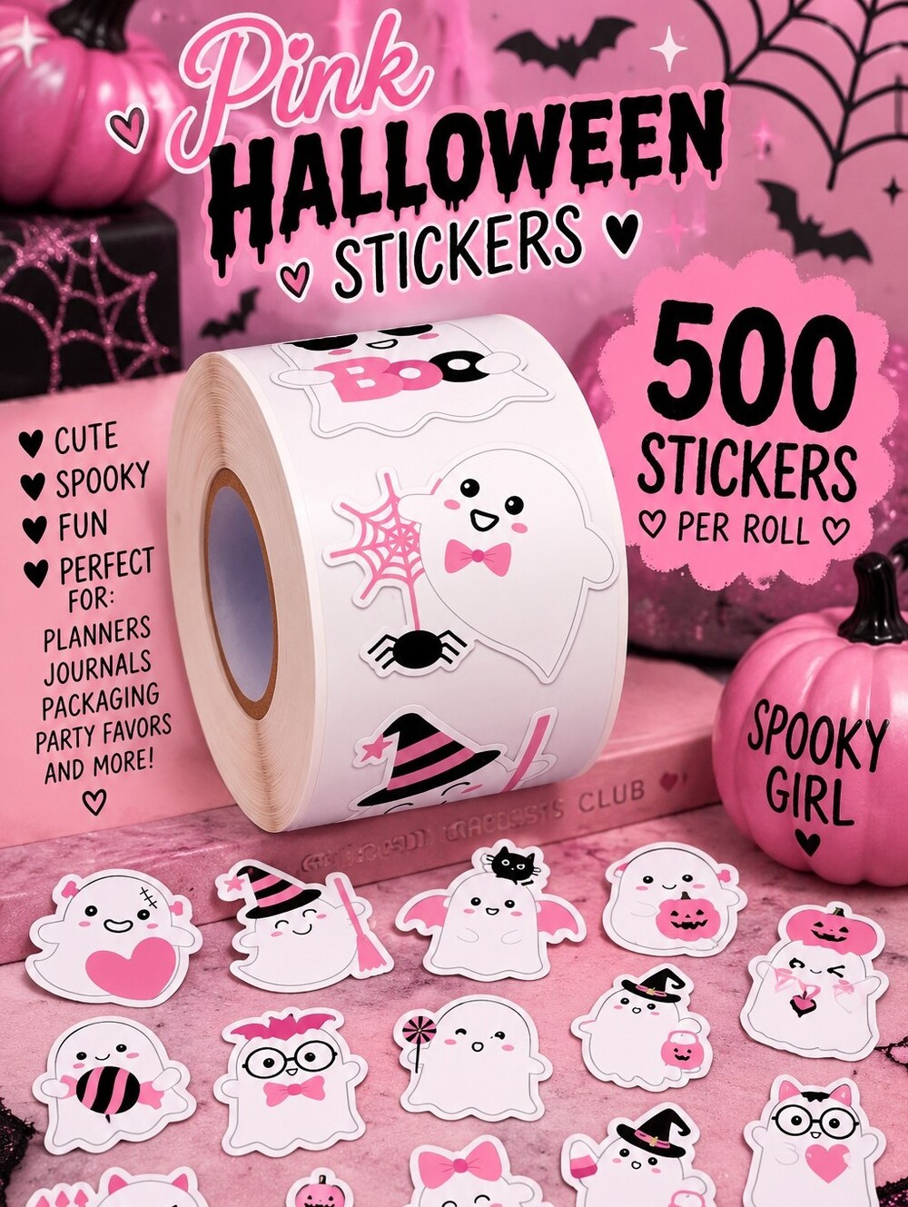 Cute Pink 500 Count Halloween Ghost Sticker Roll!!
